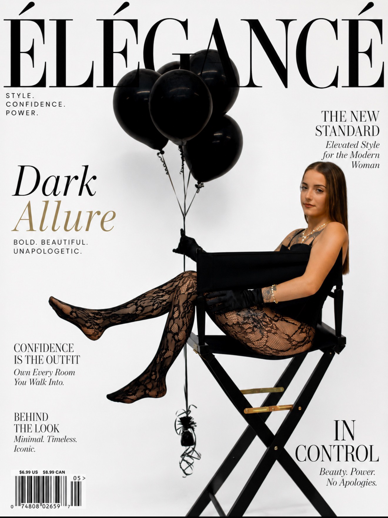 Editorial studio portrait styled as a magazine cover
